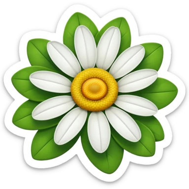 A daisy with ten petals, with green, red and white petals and a yellow centre. sticker