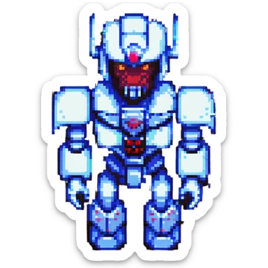 Nemesis Prime robotic villain, pixel art style, dark color palette, glowing red eyes, blocky pixelated design sticker