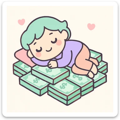 happy person napping on mattress of money sticker
