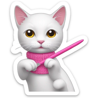 White cat hold pink crochet hook sticker