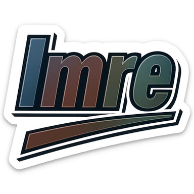 Text image of the name 'Imre' in a masculine, modern, gradient font with precise Hungarian characters, dark contour, prominent and clearly visible white border as in sample images, dynamic slanted underline, masculine color shades including blue, gray, burgundy, green, and brown, 1000x1000 px, PNG, transparent background. sticker