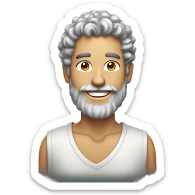 Man with curly salt and pepper hair and beard, with pale tanned skin and broad smile sticker