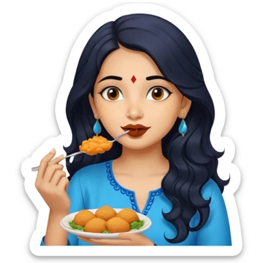 a pretty indian bratz girl with wavy long black hair. eyeliner on, wearing a blue kurti, eating vadapav sticker