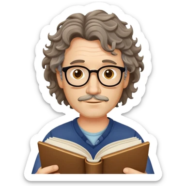 middle-aged man with unkempt wavy hair, no glasses, reading a book sticker