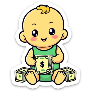 a baby with dollar signs in its eyes, cartoonish sticker style sticker