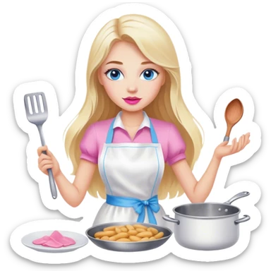 Cinematic realistic beautiful blonde with long hair, blue eyes and pink lips in a white dress cooks sticker