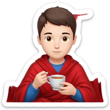 a European boy is sitting in a red blanket, drinking tea sticker