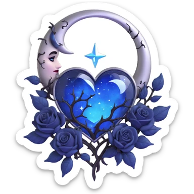 gothic heart, midnight blue glass, silver crescent moon, black roses, stardust, lightning, rain, cracked glass, neon style sticker