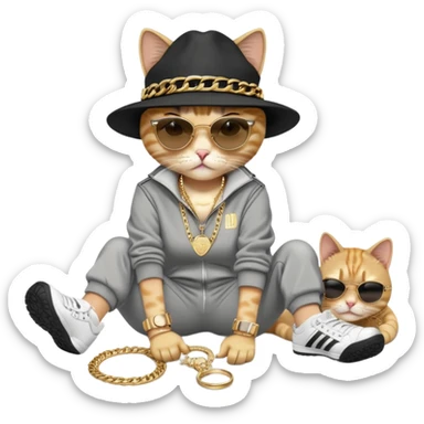 female cat dressed like Run DMC in tracksuit, fedora, Adidas shoes, dark sunglasses, lots of gold chains, rings, bracelets, earrings, lying on the ground after falling, worried look sticker