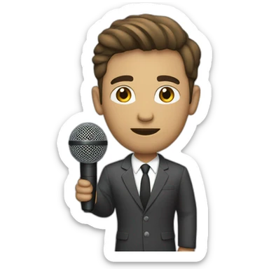 white journalist standing confidently while holding a microphone. The journalist should be in professional attire sticker