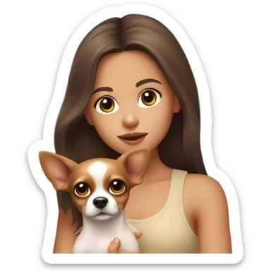 A girl with long brown hair, big brown eyes, big lips wearing a singlet top, she is holding a fawn coloured chihuahua sticker
