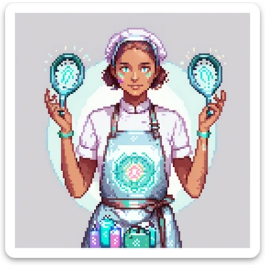 Portrait of a futuristic baker in skeuomorphism style, same pose and lighting as previous levels, wearing a translucent apron with holographic patterns, glowing hologram interface floating around hands, holding a digital whisk made of light beams, subtle neon reflections on face and clothes sticker