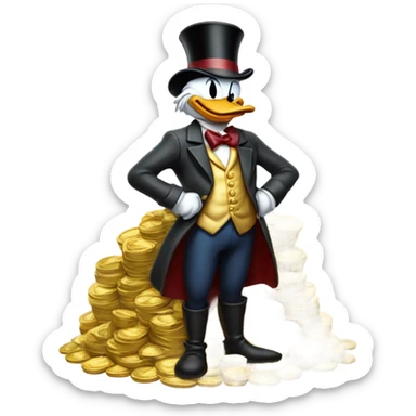 a slim successful looking scrooge mcduck standing atop a pile of money sticker
