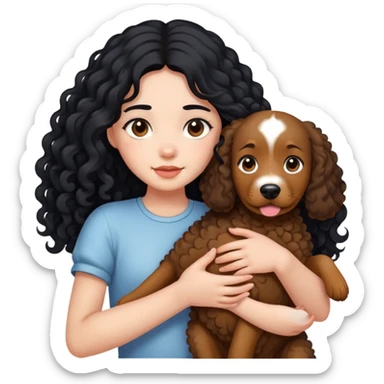 A girl with long black hair holding a curly brown giant dog sticker