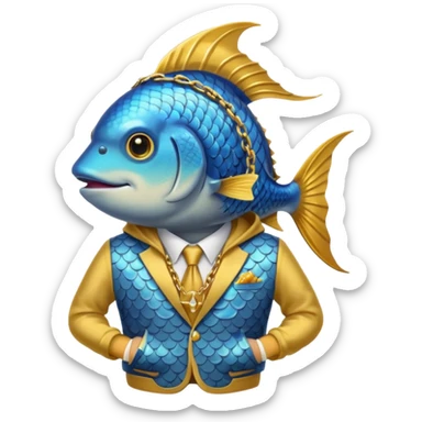 A fish on a fishing pole with a fancy suit and a watch and a chain and I golden hoodie  sticker