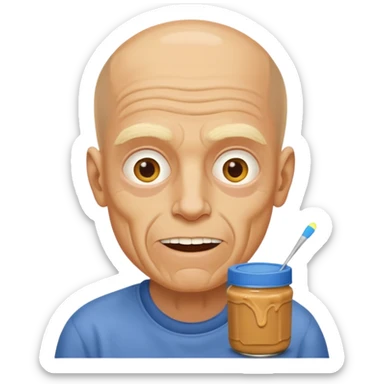 White man, barely any hair, lots and lots of wrinkles, bad yellow teeth, and peanut butter. Cerebral palsy sticker