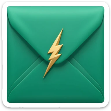 3D minimal envelope icon with small lightning bolt accent, matte finish, deep green (#0B3D2C), gold (#C9B037) lightning, Apple style, ultra minimal, soft shadow, transparent background sticker