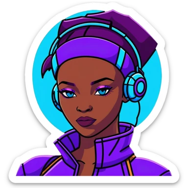 Cyberpunk African female portrait with digital augmentations, electric blue and purple lighting, high-tech headpiece with African pattern elements sticker