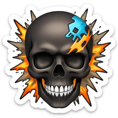 smooth black skull with wild graffiti explosion and hypebeast streetwear brand logos, angled view sticker
