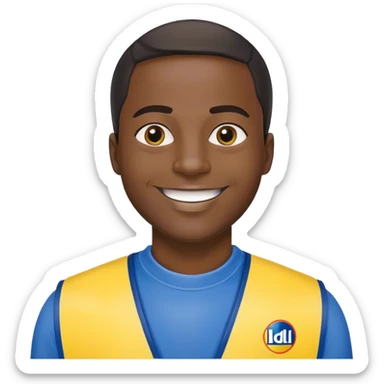 Black man smile. He has yellow and bleue cloth on him, with Lidl sloggan.  sticker