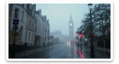 Cinematic shot of a london street, cloudy foggy day, soft light, leading lines to big ben in distance, multi composition, in foreground blurred car, on second street around UK bulding, od another plan in distance big ben, birds flying, artistic look, captured on arri alexa 35, triadal composition sticker