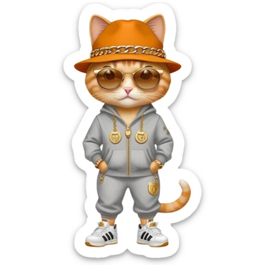female cat dressed like Run DMC with tracksuit, fedora, Adidas shoes, dark sunglasses, lots of gold chains, rings, bracelets, earrings, upright sticker