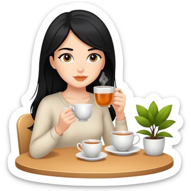 white girl with black hair doing self care, drinking tea, relaxing sticker