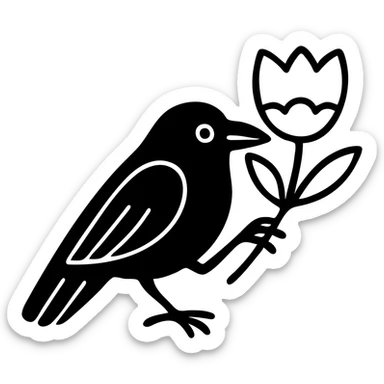Return to the original crow design with a tulip flower in Scandinavian folk art style, matching the tulip motif in the heart. Use bright folk colors for the tulip, keep the black crow with bold black outline, motif also outlined in black, simple and clear design, transparent background. The style matches the previous heart set style with clear black outlines and folk art colors. sticker