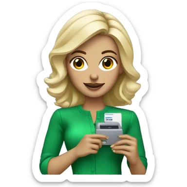 blonde woman dressed in a chic green look with a credit card machine in her hand sticker