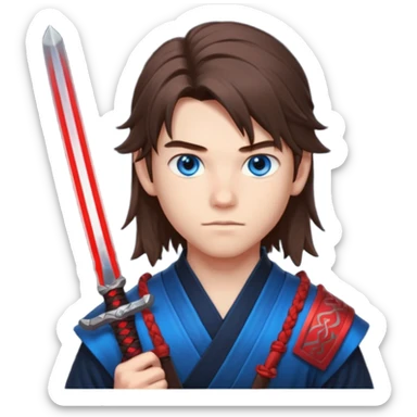 A 14 year old with red glowing katana and his hair be long and eye colour of blue make it boy  sticker