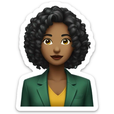 mulher com cabelo preto olho verde, com blazer colorido e criativo sticker