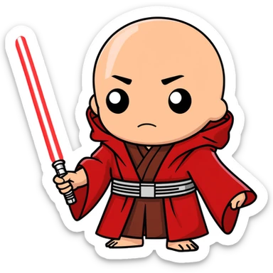 Person holding a red lightsaber with dim lighting with a dark brown robe with a scar over one eye and a broken nose  sticker
