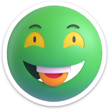 3D smiley emoji, round shape, green color, with text 'nyomom', energetic face sticker