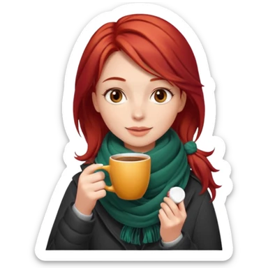 a girl drink with red layer hair, having scarf, drink coffee, enjoy sticker