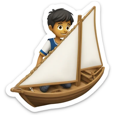 boy puts medal on his sailing boat sticker