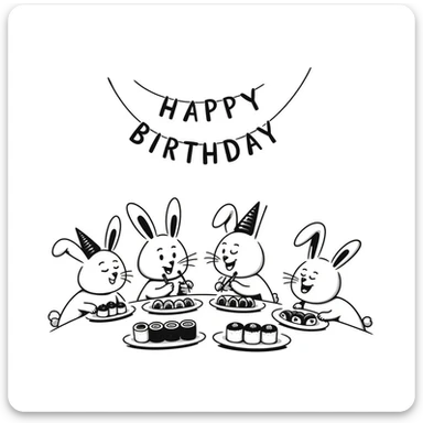 four bunny rabbits eating sushi at a birthday party, playful, hand-drawn look, sushi platters, birthday banner sticker