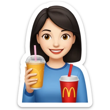 dark haired woman holding fastfood drink sticker