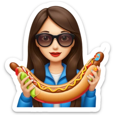 tourist brunette long hair woman with sunglasses holding hot dog sticker