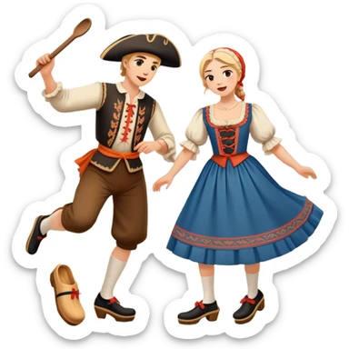 Cinematic Realistic scene of two performers executing the Klompendans, dressed in traditional Dutch costumes complete with wooden clogs and detailed folk patterns, captured in lively motion with soft, natural lighting sticker