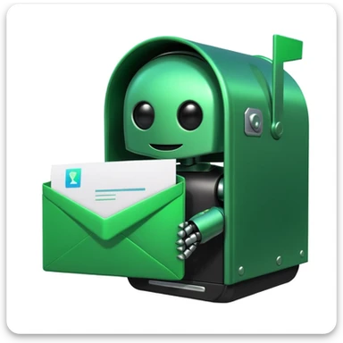 green mailbox robot, slightly smaller object in the center, black background, glowing green details, white envelope with code inside, modern tech aesthetic

 sticker