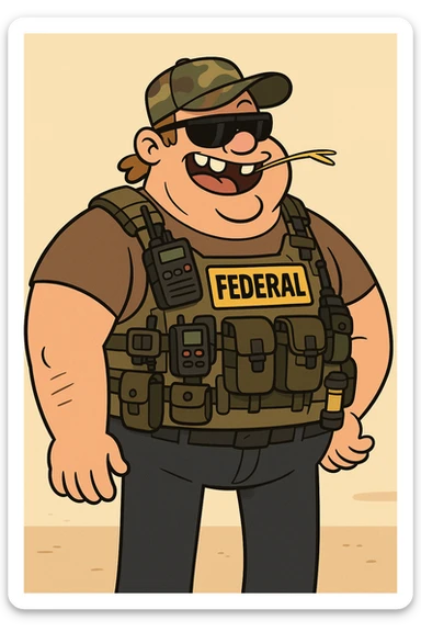 A large, goofy federal agent with big buck teeth, overloaded tactical vest with gadgets, redneck vibe, chewing straw, camo hat, and sunglasses, playful and comic style sticker