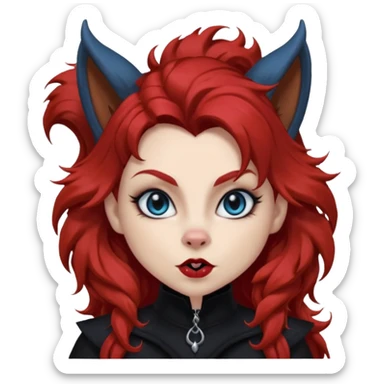  long super curly blood red hair (darker), red pointed squirrel ears with black trim, black goth outfits, body and face human, blue eyes, more pointy chin, black lipstick, one big fluffy red squirrel tail with black tips, close her mouth, less evil looking sticker
