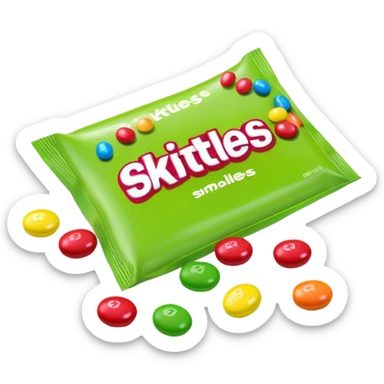 A pile of green Skittles candies next to a colorful Skittles package. Simple minimalist design. sticker