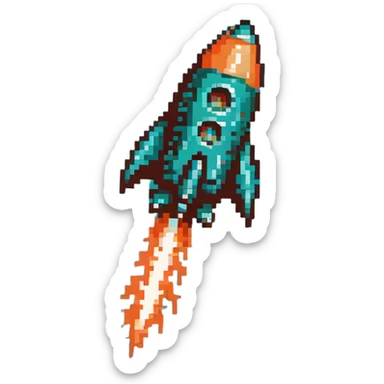 robotic teal spaceship launching to the right with rocket flames sticker