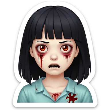 zombie girl with black hair and bangs, scary expression sticker