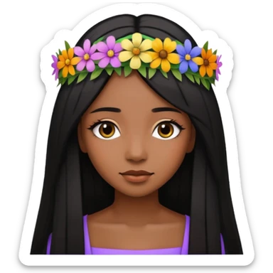 ["Deep brown skin female, long straight black hair, wearing a multicolored wildflower crown."] sticker