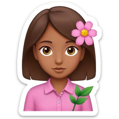 Brown eyed and haired girl wearing a pink shirt with a flower sticker