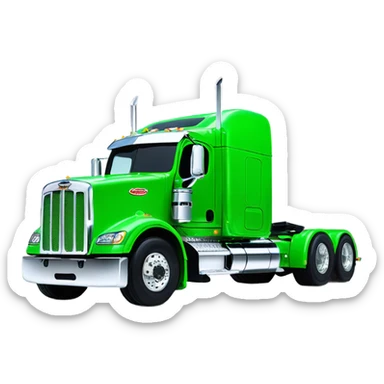neon green peterbilt semi truck lowered on the ground with large chrome wheels and chrome smoke stacks profile view sticker