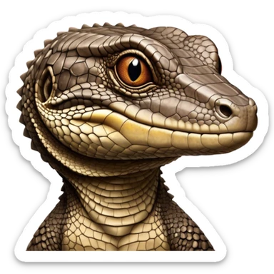 Cinematic Noble brown camo spotted monitor Lizard Portrait Emoji, Poised and regal, with a robust, scaled body exhibiting striking, mottled patterns and piercing, alert eyes, Simplified yet sharp and sophisticated features, highly detailed, glowing with a soft, earthy glow, high shine, intelligent and formidable, stylized with an air of ancient wilderness, focused and commanding, soft glowing outline, capturing the essence of a watchful and confident reptilian guardian that appears ready to stride out of the screen with effortless authority! sticker