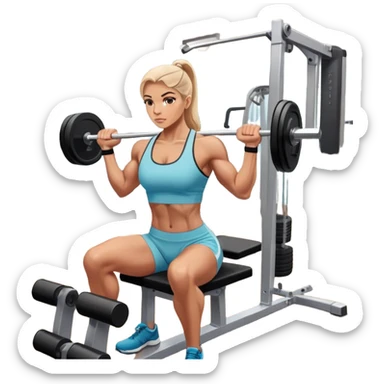 A focused athlete working out on a strength training machine in a modern gym. Muscles engaged, expression determined, demonstrating power and endurance. The gym is filled with equipment like dumbbells, barbells, and mirrors reflecting effort, creating a high-energy atmosphere. sticker